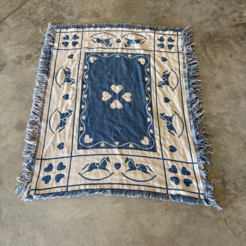Goodwin Weavers Rocking Horse Hearts Woven Cotton Throw Blanket Blue Cream USA